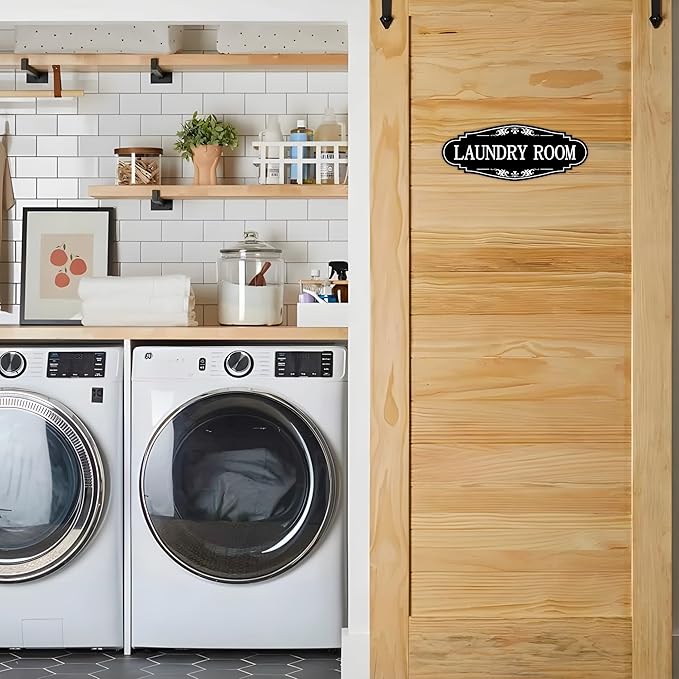 Laundry Room Door Sign for Business and Home，Self-adhesive Waterproof Cute Laundry Room Door Sticker Decals for House, Apartment, Hotel Laundromat Decor（Black）