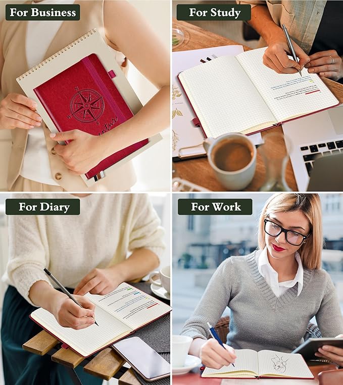 PAIBAS Graph Notebook for Women Men, 160 Pages Grid Paper, Graphing Notebooks for School, Work, Quad Ruled, Inner Pocket, A5 Hardcover Vintage Leather Journals for Writing, 5.8"x8.5" (Burgundy)