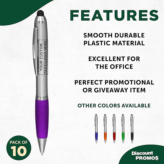 DISCOUNT PROMOS Custom Stylus Ballpoint Pens Set of 10, Personalized Bulk Pack - Black Ink, Great for Office, School, Business, Tradeshows, Events - Purple