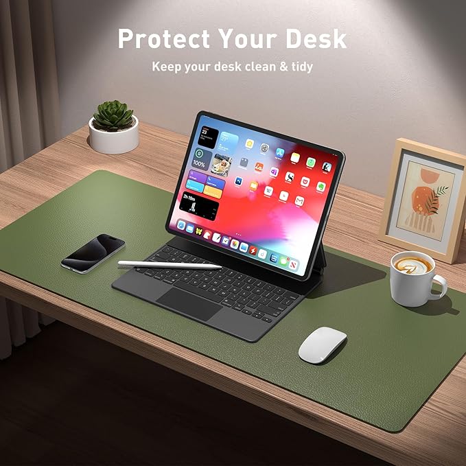 Aothia Leather Desk Pad Protector, Mouse Pad, Office Desk Mat, Non-Slip PU Leather Desk Blotter, Laptop Desk Pad, Waterproof Desk Writing Pad for Office and Home (36" x 17", Olive Green)