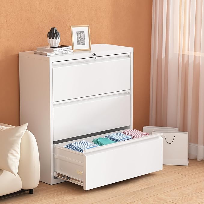 Pataku Metal Lateral File Cabinet with Lock, Steel Filing Cabinet 3 Drawer, Locking Office Home Wide Organization File Cabinets for Hanging Files Letter/Legal/F4/A4 Size, (White-3Drawer)