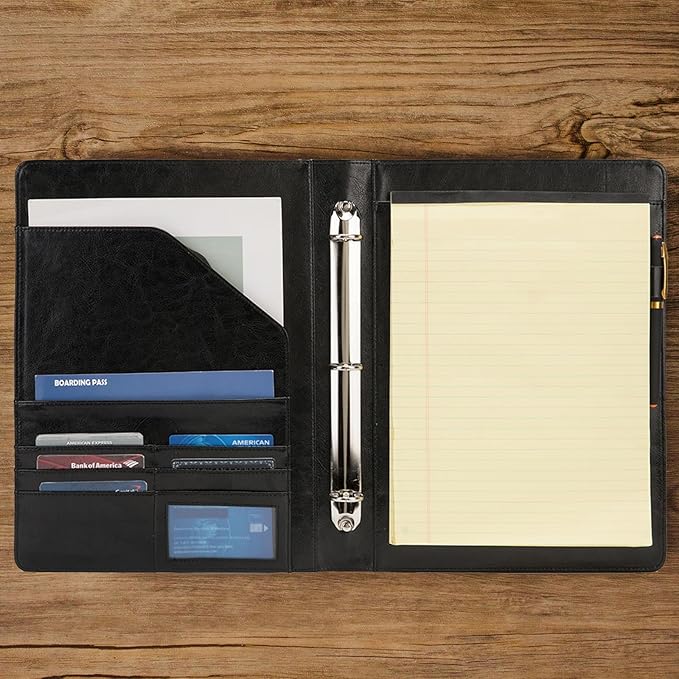 Geslun Vegan Leather 3 Ring Binder, 8.5 x 11 Letter Size Folio with Pen Holder, Soft Notebook Portfolio Cover, Slim Notepad Padfolio Thin File Organizer for Work Executive Meeting, Black