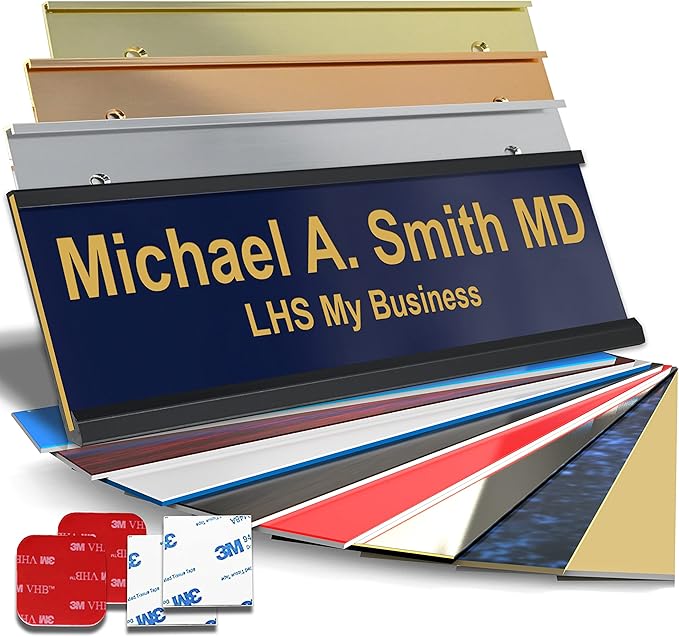 Custom Name Plate for Doors, with Choice of Mounting Holders for Walls, Doors, Cubicles, Hanging and More - Personalized Navy Blue Plastic Gold Letters - USA Made 2x6 - B10