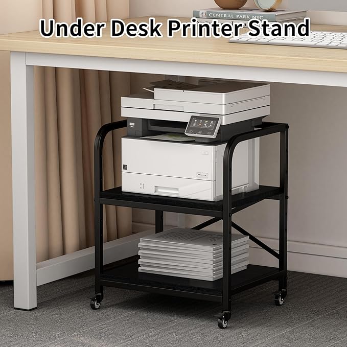 Vokumba 2 Tier Large Printer Stand, 20 x 20 Inches Printer Table with Storage Shelf, Rolling Printer Cart with Wheels for Home Office, Scanner Fax (Black)