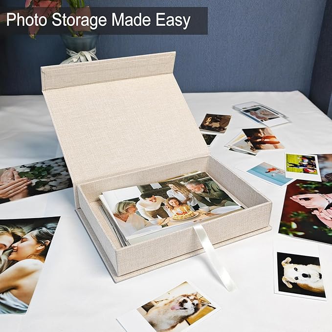 Sprsthai 5x7 Archival Photo Storage Box with Lid – Stackable Memory Keepsake Organizer for Photos, Certificates, Jewelry & Scrapbooking Supplies Beige