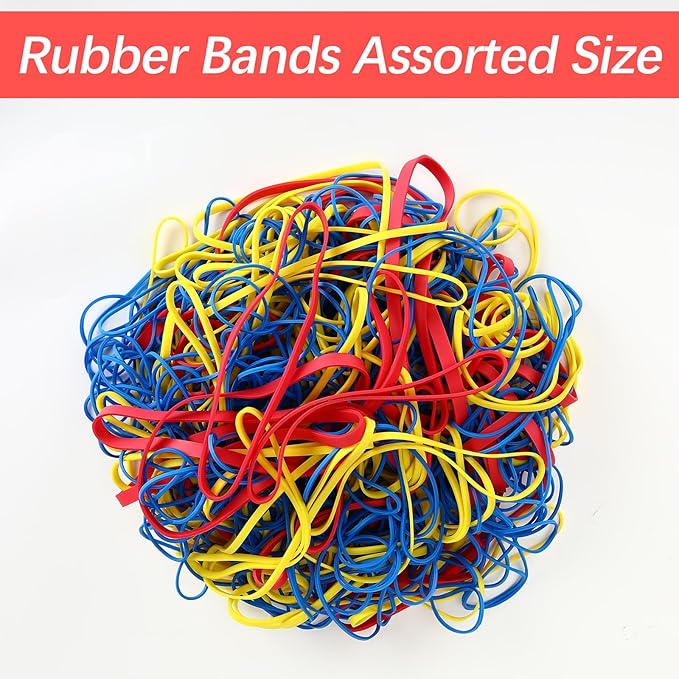 405 pcs assorted size rubber bands 0.68lbs Elastic colored rubber bands for office supplies rubberbands bulk mix colors and size with bag,Red (3-1/2 x 1/4 inches), Yellow (3-1/2 x 1/8 inches),Blue (3-1/2 x 1/16 inches)