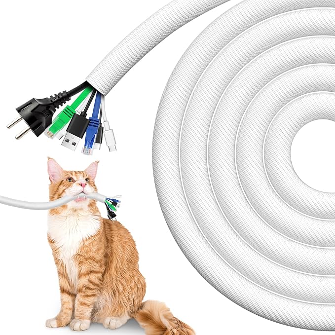 AGPTEK Cable Sleeve Cover, 10ft - 1.2 inch Dog Cat Cord Protector Management, Protect Cables from Pets Chewing, for Home Desk Automotive Wire Loom Tubing Cord Protection Self-Wrapping, White