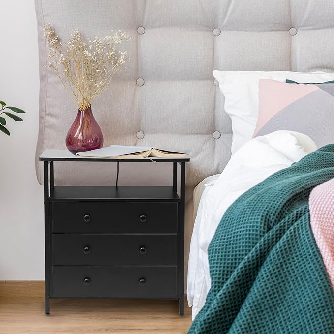 Edbuosy 3 Wooden Drawers Nightstand, 27 Inch Wide Night Stand Set 2 with Charging Station and Adjustable Drawers, Small Dresser for Closet, Bedside Table for Living Room/Bedroom/Office, Black.