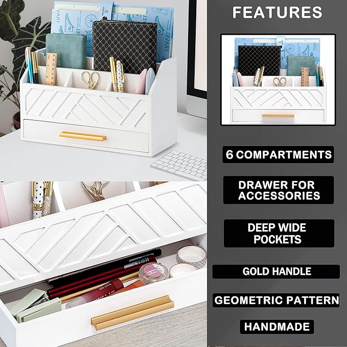 dreampossible white Wood Desk Organizer and Accessories with Drawer, Bill Mail Organizer and File Mail Holder for Office Supplies, Modern Desk Accessories & Workspace Organizers for Desk Organization
