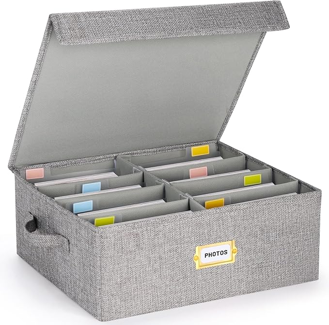 Erogeen Decorative Photo Storage Box with lid 4x6, 8 Inner Photo Organizer with Dividers, Memory Storage Box for Pictures, Stamps, Keepsakes (Gray)