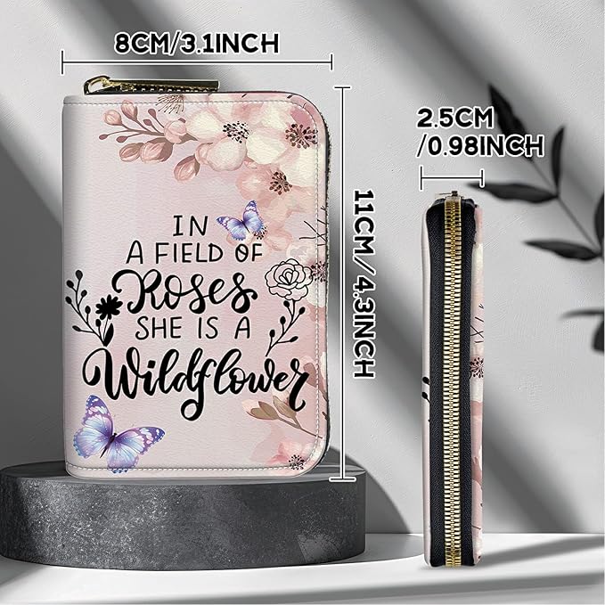 BWEGRHE Cute Credit Card Holder with Zipper, Sakura Butterfly RFID-Blocking Card Case Small Wallet for Women Men, Multi-slot Card Organizer Case Travel Accordion Wallet