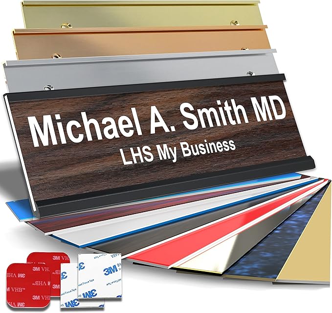 Custom Name Plate with Choice of Mounting for Walls, Doors, Desk Holders, Cubicles, Hanging and More - Personalized Natural Teak Plastic White Letters - USA Made 2x8 - N7