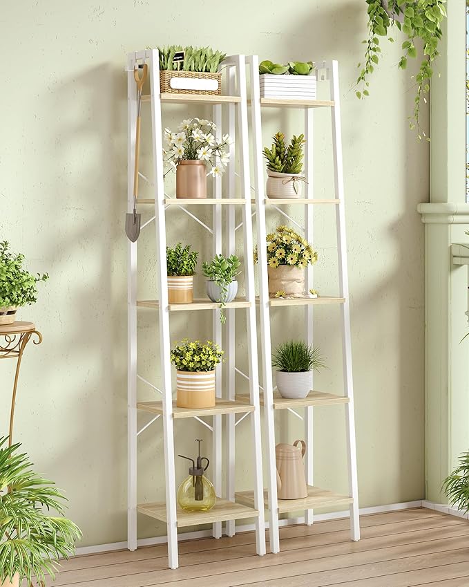Hzuaneri Ladder Shelf, Bookshelf Bookcase, Freestanding Corner Storage Shelve with 2 Hooks for Home Office, Living Room, Kitchen, Bedroom, Industrial, 11.8" D x 13.4" W x 63" H, White Oak and White