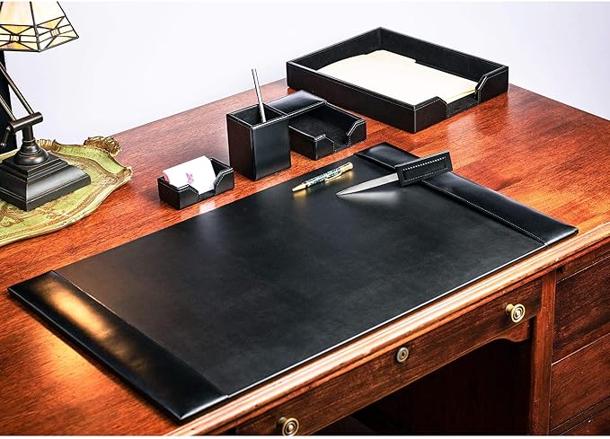 DACASSO Bonded Leather Desk Set - Luxury Leather Desk Pad & Desk Organization Essentials (Black, 6 Piece)