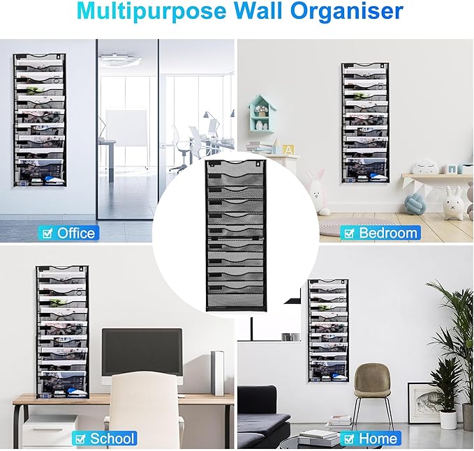 Solinxe 10-Tier Wall File Organizer, Mesh Mail Organizer Wall Mounted Paper Document Holder, Vertical Magazine Rack, Metal Hanging Clipboard Storage Basket for Office Home School Organization, Black