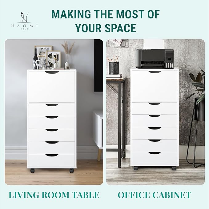 Naomi Home Carly 6-Drawer Craft & Office Storage Cabinet – Rolling Storage Drawers with Lockable Casters, Compact for Craft Rooms, Offices, Under Desk, 18.8" D x 15.7" W x 41.3" H