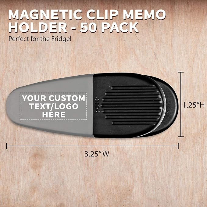 50 Magnetic Memo Holders Set - Customizable Text, Logo - Large Clip, Plastic - Silver Black