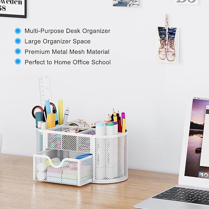 EasyPAG Mesh Pen Holder Desk Organizer with Drawer Stationery Supplies Organizer for Dorm School 9 Compartments Workspace Desk Accessories Organization for Office, White