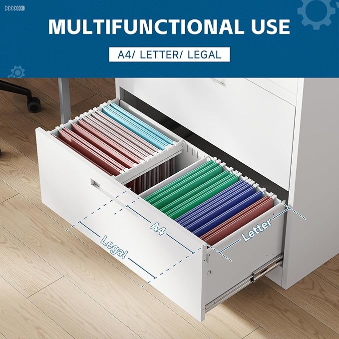 PEUKC 3-Drawer Metal File Cabinet, Lateral Vertical Filing Cabinets for Home Office, Locking Cabinet with Storage Shelves, Legal/Letter/A4 Size Office File Cabinet,(White, Assemble Required)