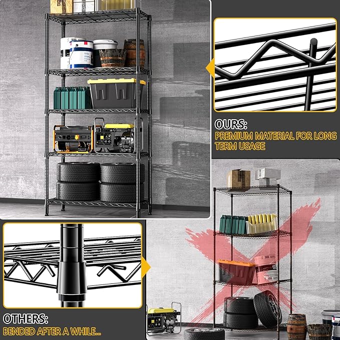 M MZG 1250 lbs 5 Tier Shelf Metal Storage Shelves Shelving Wire Rack Heavy Duty Closet Organizers for Garage Kitchen Bathroom Laundry Black 13.8" D x 35.4" W x 68.5" H