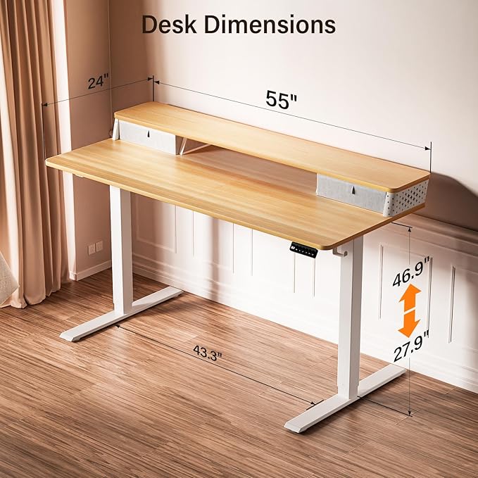 Kingant 55 x 24 Inch Electric Standing Desk with Dual Drawers, Height Adjustable Sit to Stand Computer Desk with Storage Shelf and C-Clamp Mount Compatibility for Home Office, Nature
