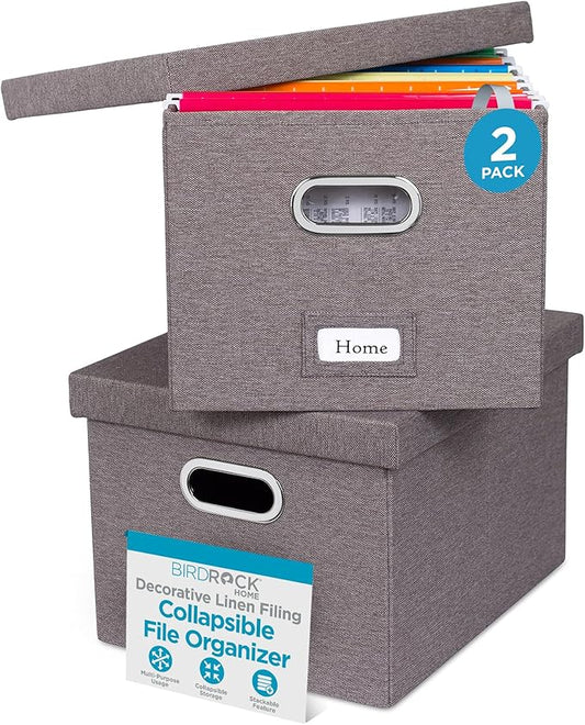 Internet's Best Collapsible File Storage Organizer with Lid - Decorative Linen Filing & Storage Office Box – Hanging Letter/Legal Folder – Home Office Bins Cabinet – Grey Container - 2 Pack