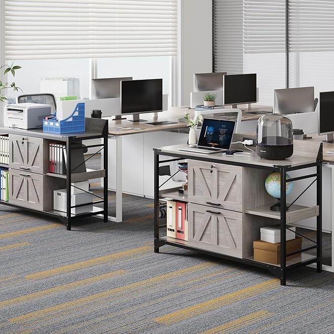 AesthLife 44" File Cabinet for Home Office, Wood Filing Credenza with Built-In Power Outlet, 2 Drawer File Cabinet with Lock, 4 Open Shelves, Metal Shelf, Adjustable Drawer fit to Legal/Letter/A4 Size