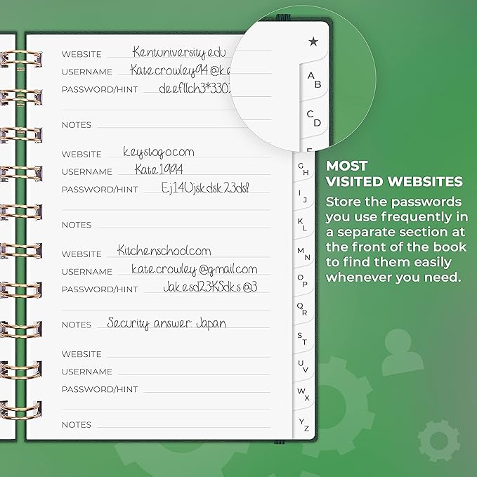 Clever Fox Password Book Spiral – Mini Internet Address & Password Organizer with Laminated Alphabetical Tabs – Small Password Keeper Journal – Hardcover, Pocket Size, 4.7x5.7” (Dark Green)