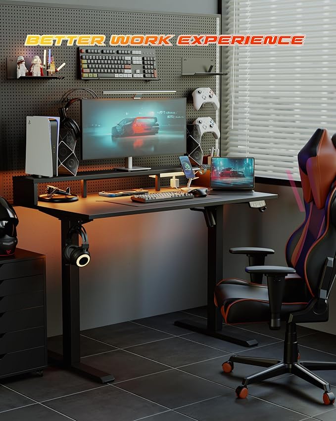 Electric Height Adjustable Standing Desk with Power Outlet and LED Light Strip, Sit to Stand, Ergonomic 48x24" Rising Desk with Memory Presets, Home Office Workstation, Computer Gaming Table, Black