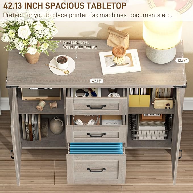 Vabches File Cabinet with 3 Drawers, Farmhouse Lateral File Cabinet Fits Files Letter/A4 Size, Wooden Filing Cabinet with Door and Adjustable Shelves Printer Stand for Home Office, Rustic Grey