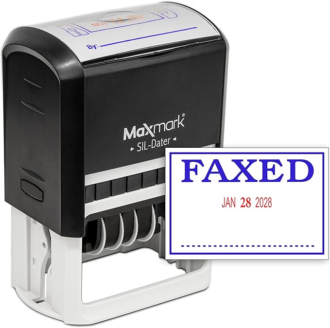 MaxMark Large Self-Inking Rubber Date Office Stamp with Faxed Phrase & Date - Blue/Red Ink, 12-Year Band - Style 3
