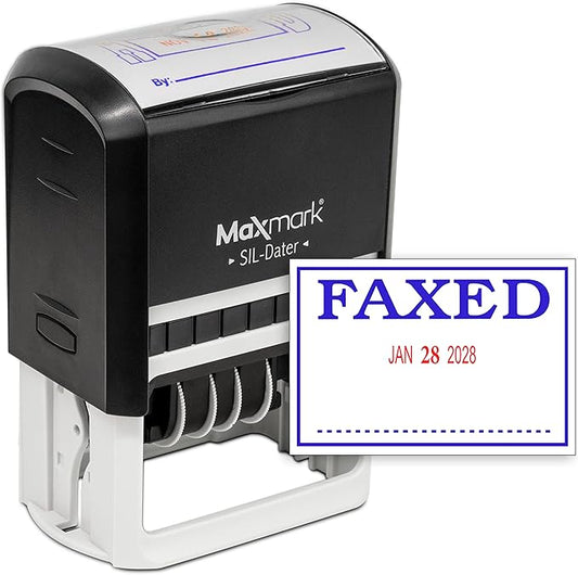 MaxMark Large Self-Inking Rubber Date Office Stamp with Faxed Phrase & Date - Blue/Red Ink, 12-Year Band - Style 3