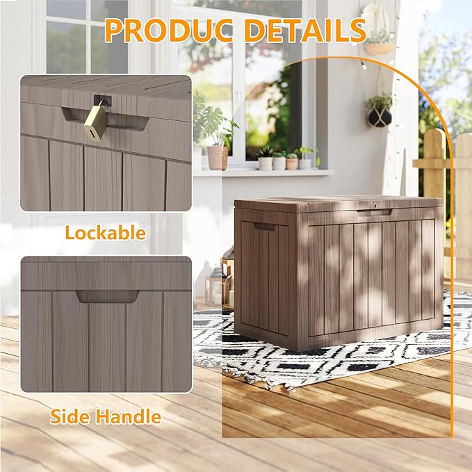 Yardgrace 35 Gallon Small Waterproof Outdoor Storage Box, Resin Deck Box Lockable for Patio Furniture, Garden Tools, Pool Accessories, UV-Resistant for All Weather Use, Greige