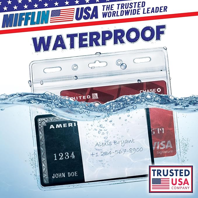 Mifflin-USA Horizontal ID Name Badge Holder (Clear, 3.5x2.25 Inches, 10 Pack), Waterproof and Resealable Plastic Card Holders