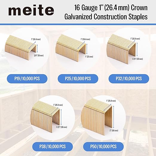 meite 16 Gauge 1-Inch Wide Crown Staples 1'' Leg, Galvanized P-Type Heavy Duty Construction Staples for Stapler Gun - Roofing Flooring Fencing House-Wrap, Strong Holding & Tear-Resistance, 10,000 PCS
