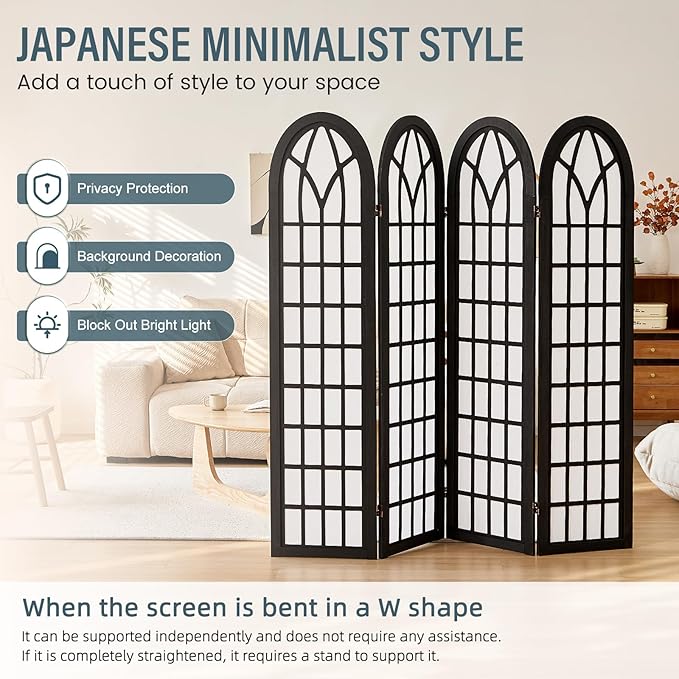 Aletheiawu Room Divider and Folding Privacy Screen, 4 Panel Japanese Shoji Style Room Divider, Partition Divider for Room Separation, Portable Decoration Screen for Home Office Restaurant - Black