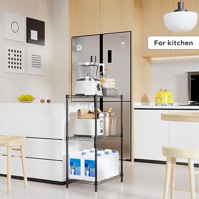 M MZG 3 Tiers Shelf Metal Storage Shelves Wire Rack Closet Organizers with Wheel for Garage Kitchen Bathroom Laundry Black 11.8" D x 17.7" W x 28.8" H