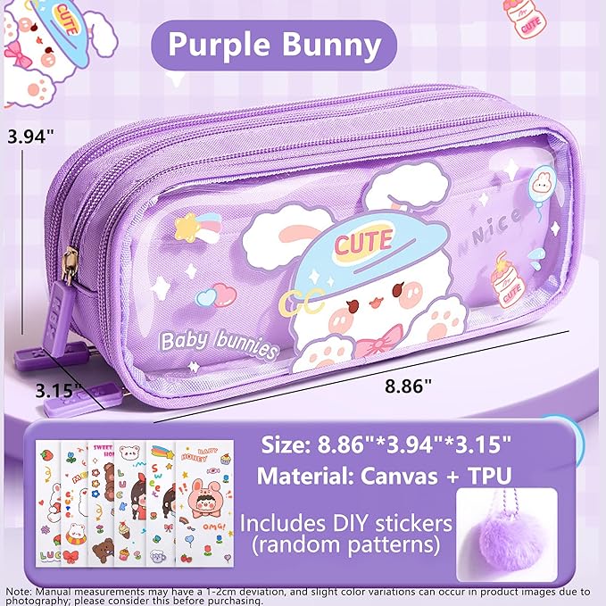 UINSUE Cute Pen case Adorable Bunny Transparent 3-Layer Large Capacity Pencil Case Gadget organizer with Lovely Stickers (Purple-Doggy)