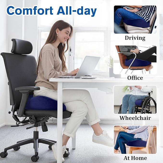 CushyOasis Seat Cushion, Gel Chair Cushions, Office Chair Cushions, Anti-Slip Bottom & Removable Cover Tailbone Pain Relief Cushion, Memory Foam Seat Cushion, 5.28 in Thick (Blue)