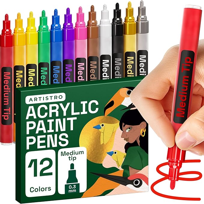ARTISTRO 12 Regular Paint Pens for Glass Marking, Rock Painting, Ceramic, Wood, Fabric, Scrapbooking, DIY Craft Making, Coloring - Acrylic Paint Markers Medium Tip 3mm