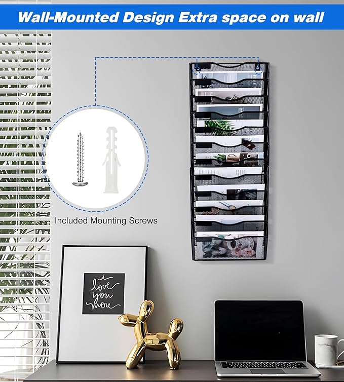 Solinxe Wall File Holder, 12 Pockets Hanging File Folder, Paper Organizer Storage, Document Rack, Mail Holder, Magazine Rack, Wall Organizer for Office, Black