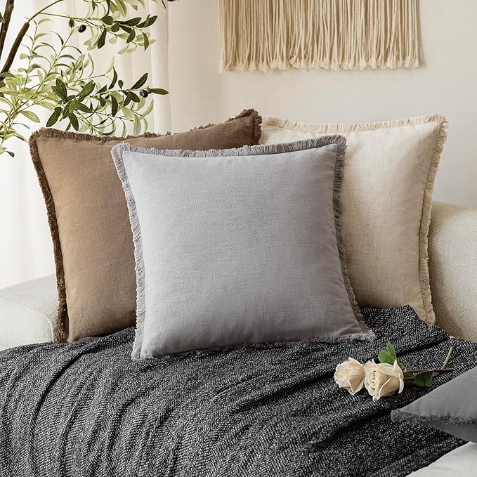 Foindtower Set of 2 Decorative Linen Fringe Throw Pillow Covers Cozy Farmhouse Cushion Cover with Tassels Accent Pillowcase for Couch Chair Sofa Bed Living Room Home Decor,18×18 Inch,Light Rustic Gray