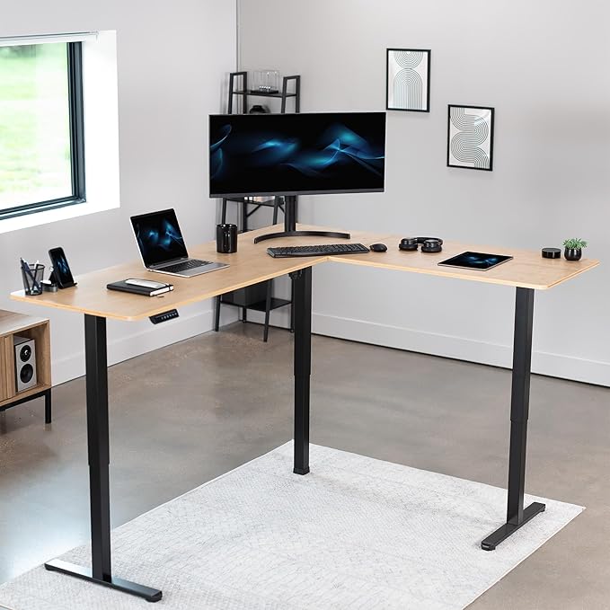 VIVO Electric Corner 75 x 63 inch L-Shaped Standing Desk, Memory Height Adjustment, Real Bamboo Top Black Frame, DESK-E3CTBO-75
