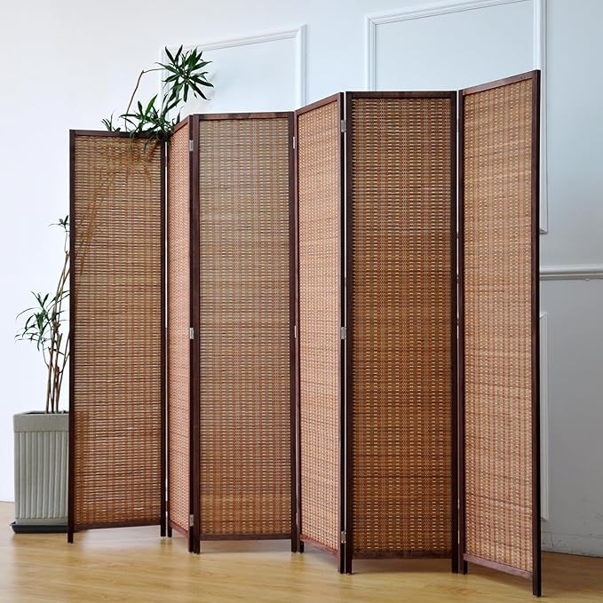 Furnnylane 6 Panel Bamboo Room Divider and Folding Panel Screen,Bamboo Panel Divider for Room Separation,Brown,67" H x 92.1" W