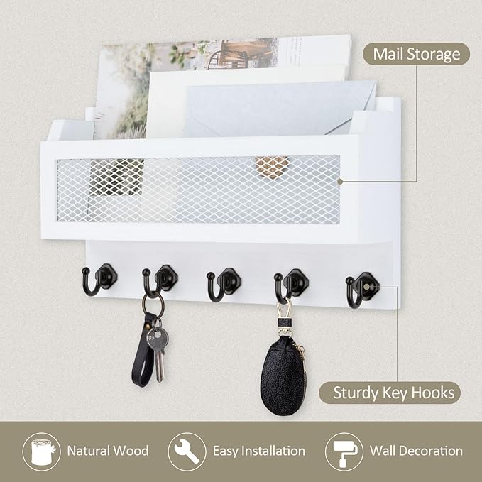 Nekon Mail and Key Holder for Wall Decorative, 11 Inch Wooden Wall Key Organizer with 5 Key Hooks, Wall Mount Storage Shelf for Entryway Hallway (White)