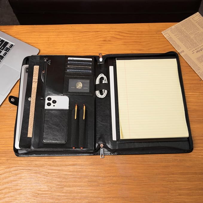 Geslun Vegan Leather Portfolio, Legal Size 8.5 x 14 Pad Holder, Business Padfolio for Men and Women, Zippered 14" Laptop Organizer, Executive Professional Work Travel Notepad Folio, Black