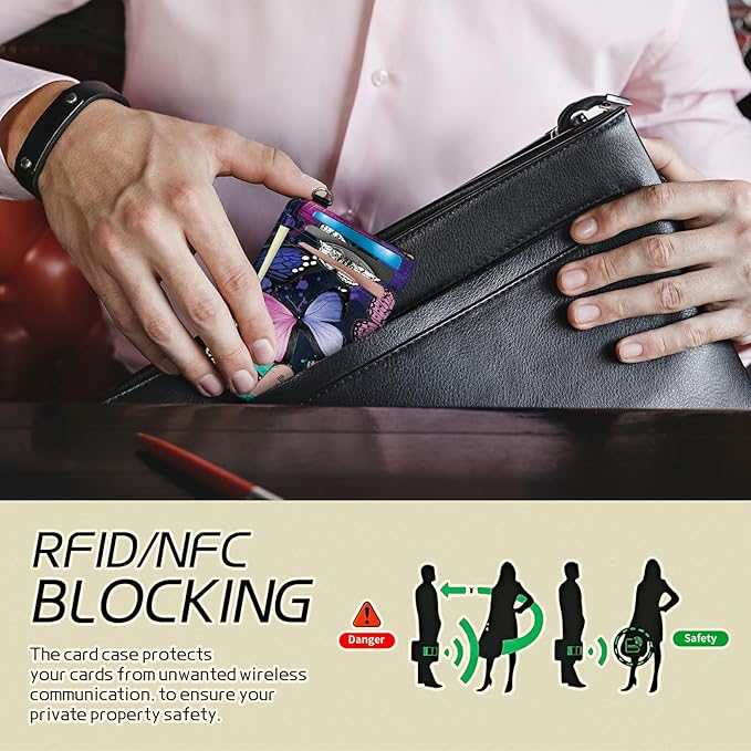 BWEGRHE Small Travel Wallets, Color Butterfly Slim Minimalist Front Pocket Wallet with Wristlet, RFID Blocking PU Leather Credit Card Holder with ID Window Change Purse for Men Women