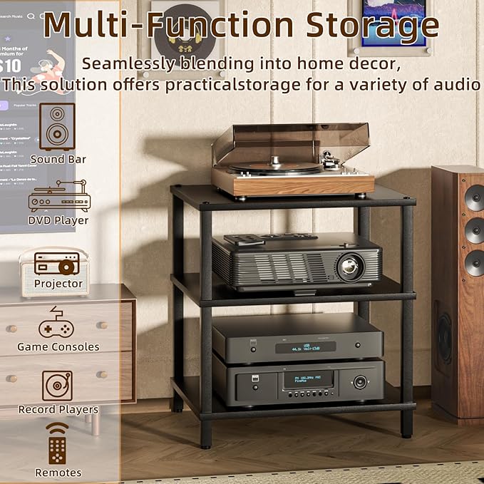 3-Tier AV Media Player Stand, Stereo Cabinet, Modern Stereo Cabine,Game Console Shelf,Wooden TV Stand,Multifunctional Entertainment Center, Suitable for Home, Conference Room, Game Studio,Black