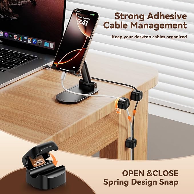 Yocice 12Pack Rotatable Cord Organizer,Spring Cable Clips Desk Cable Management Cord Holder Adhesive Phone Charger Cord Clips for Home Office Car Wall Nightstand Accessories, Black