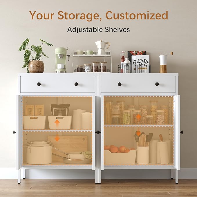 TaskStorz Metal Storage Cabinet with Drawer and Adjustable Shelf, White Steel Sideboard Buffet Cabinet, 35.4" H Coffee Bar Cabinet for Kitchen, Dining Room, Entryway